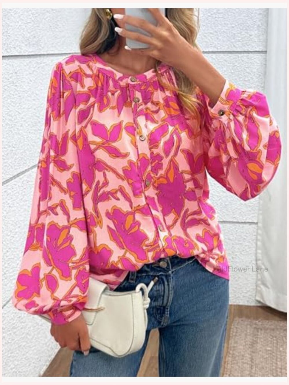 Floral Button Down Blouse Long Sleeve Boho Top Dressy Casual - Picture 4 of 7